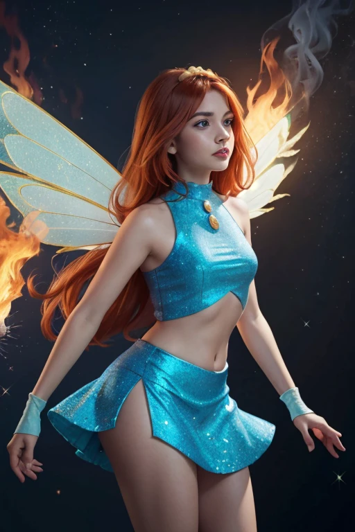 (Fairy Outfit), (blue croptop, sleeveless, blue skirt, sparkling clothing, wings), Bloom, fire wings