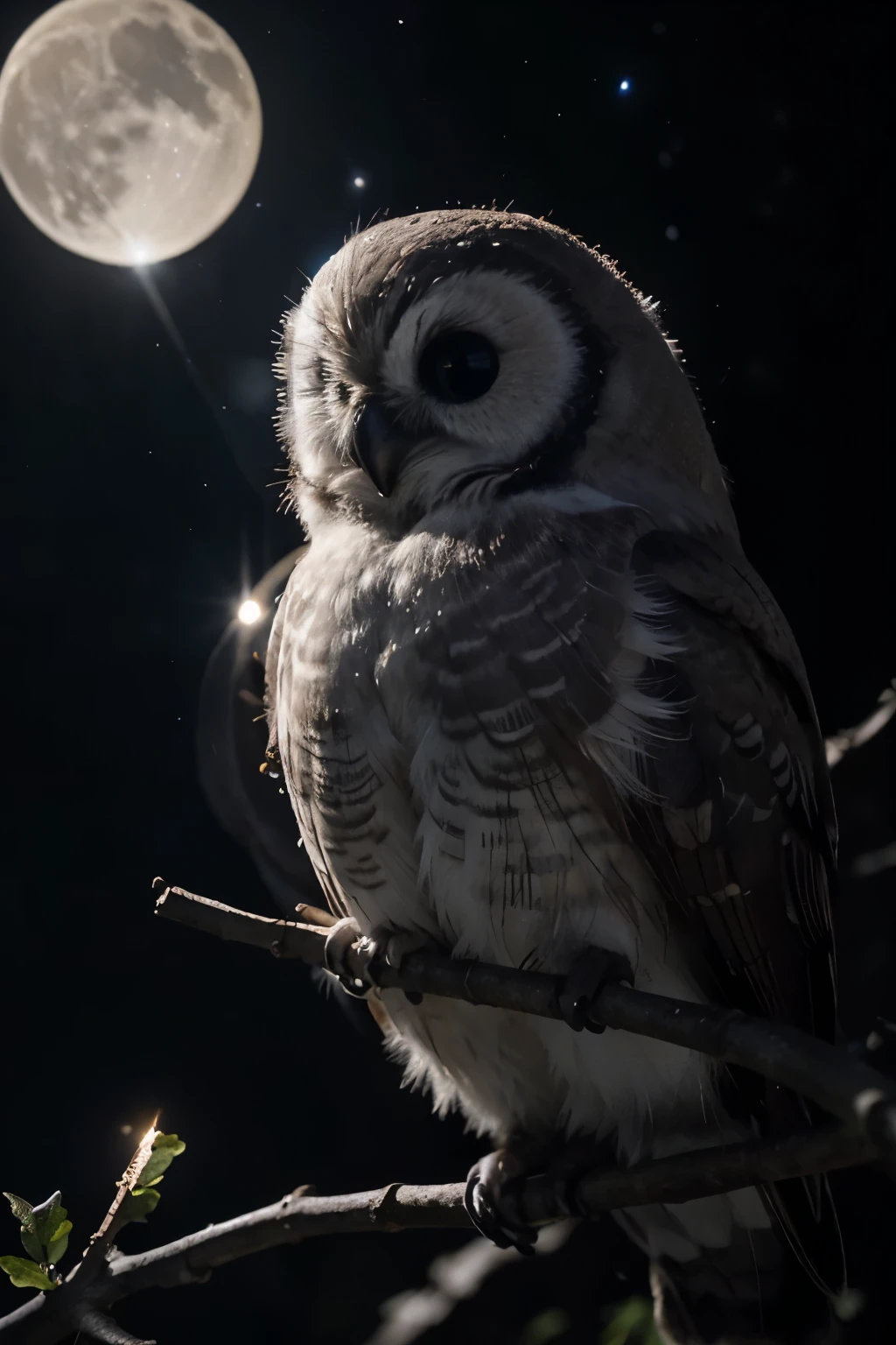 Un hibou géant avec des plumes étoilées et des yeux luminescents, perché sur une branche d'arbre sous une pleine lune dans une forêt sombre. Le hibou a des serres puissantes et un bec crochu, avec des plumes qui brillent doucement comme des étoiles. Des chauves-souris volant en arrière-plan ajoutent à l'atmosphère nocturne et mystérieuse. L'éclairage est faible et argenté, principalement provenant de la lune et des plumes étoilées du hibou. Place un symbole de rune magique lumineuse sur le poitrail du hibou, brillant d'une lumière argentée.