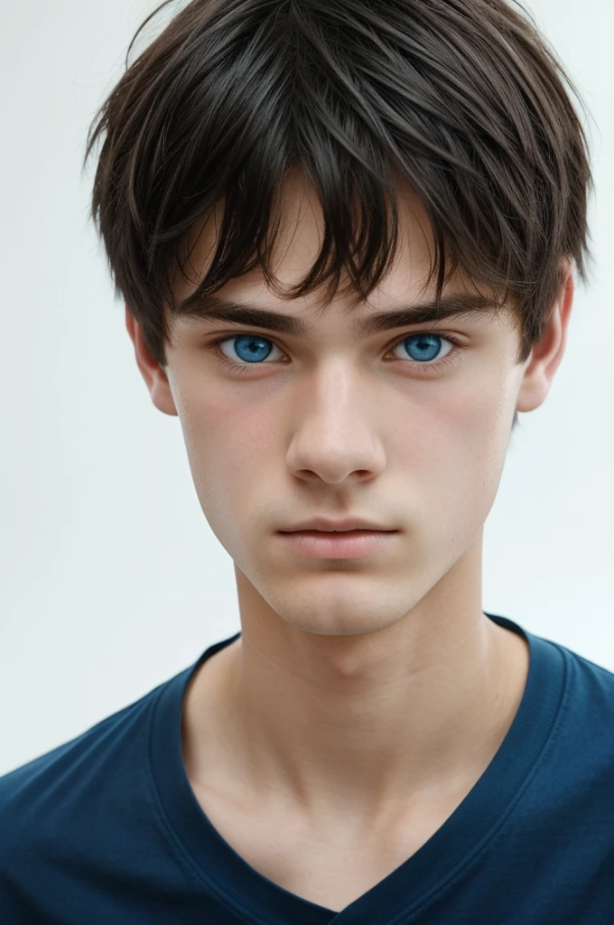 Screenshot face 18 y.o. young teenager guy+short black straight hair messy stylished mod-haircut+ ocean blue eyes+straight smallest little nose+attractive+Oval face+face straight & looking right at the camera+white background+just show face+calm expression+realist styleface+face straight & straight looking right at the camera