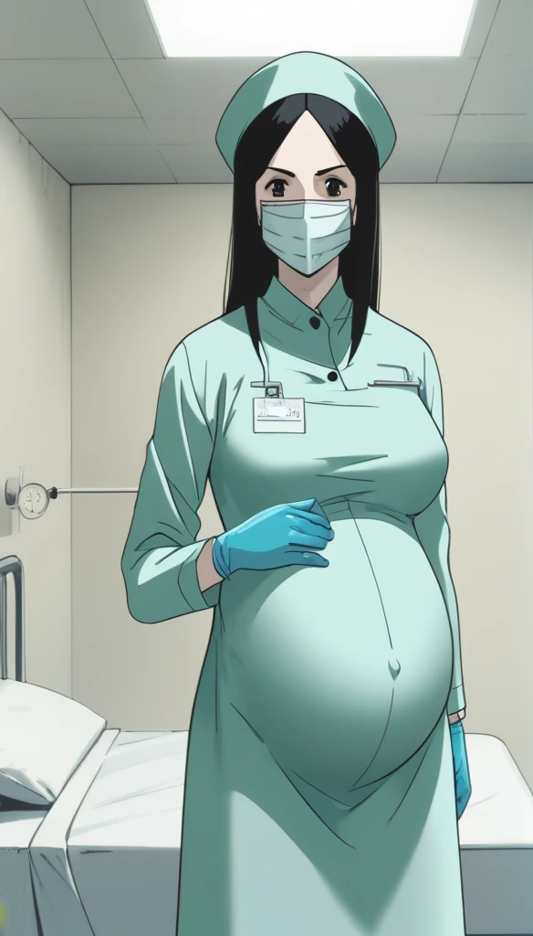 score_9,  score_8_up, score_7_up, source_anime, raw image, masterpiece, highest quality, kasuganoray, pale skin, shy eyes, sweating, long black hair, big breasts, see tits, scrubs, surgical mask, surgical cap, long sleeve maternity dress, seamless, tits, navel head, 
1girl, pregnant, solo, long rubber gloves, looking down, furrowed brow, hospital bed, light shines from the ceiling, standing