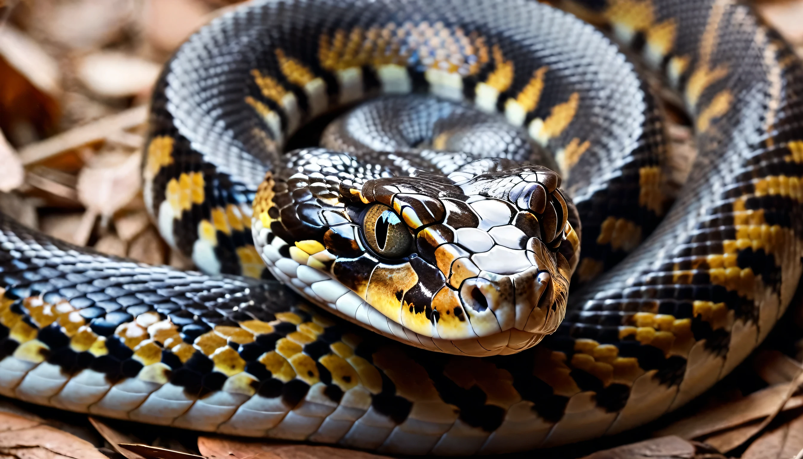 Image of a boa snake looking directly at the camera, with a penetrating and mesmerizing look. The head appears to be moving, Creating a dynamic effect. Eyes shine brightly and details are incredibly sharp. The boa&#39;s skin reflects light dazzlingly. A imagem, with its ultra-detailed 4K quality, it's truly stunning, evoking the beauty and intensity of a visionary experience with Ayahuasca