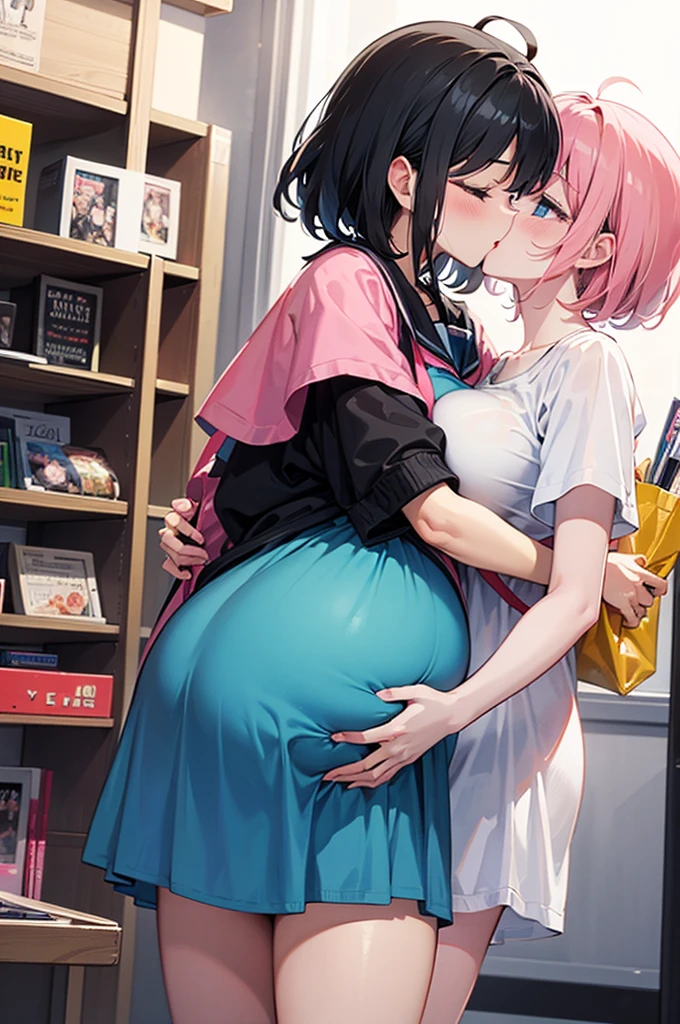 (super-detailed animated vivid illustration),
black short hair,pregnant high-school girl,6L maternity matte pink smock,big breasts,happy,welcome kiss,