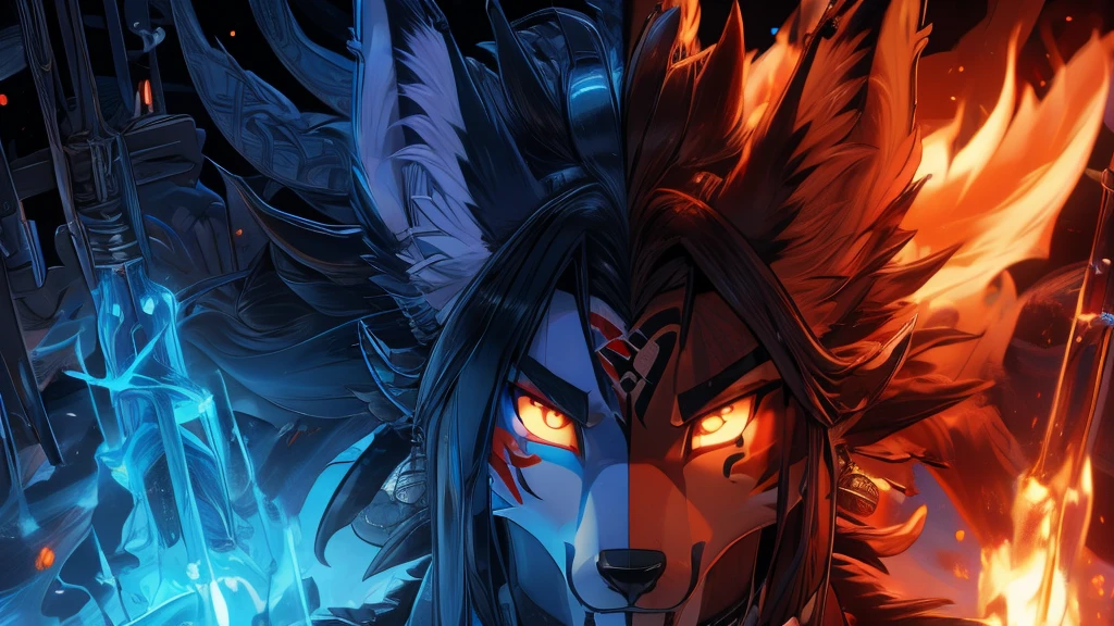kitsune 9 colas, add high definition_detail:1, blue fur,kitsune ears, tribal tattoo add_detail:1, in hell add_detail, batwigs agregar_detail yokai
