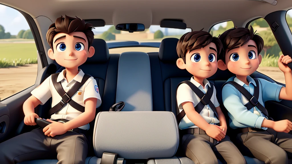 Make a car where there are two boys in it, one with a seat belt and the other without a seat belt.