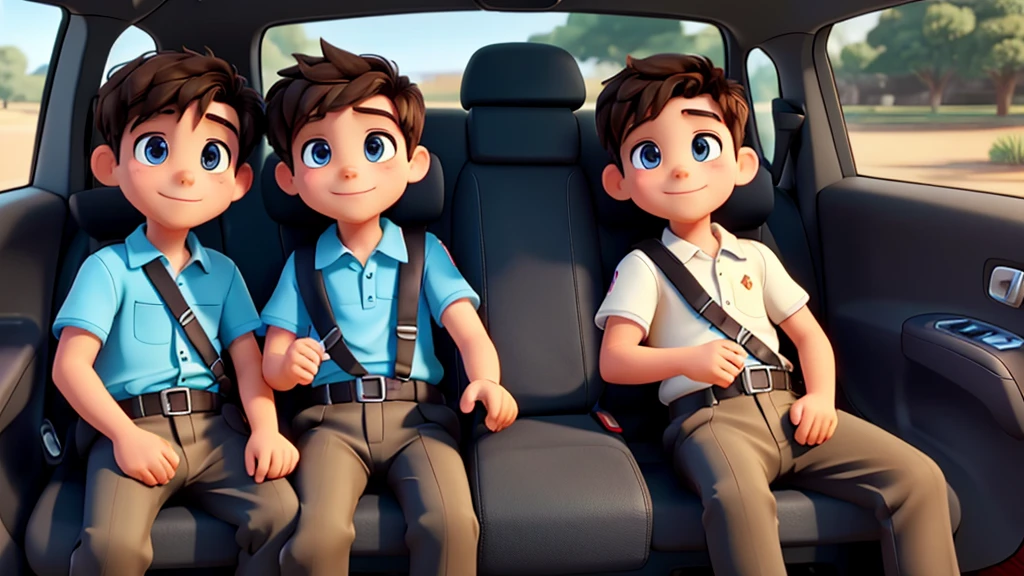 Make a car where there are two boys in it, one with a seat belt and the other without a seat belt.