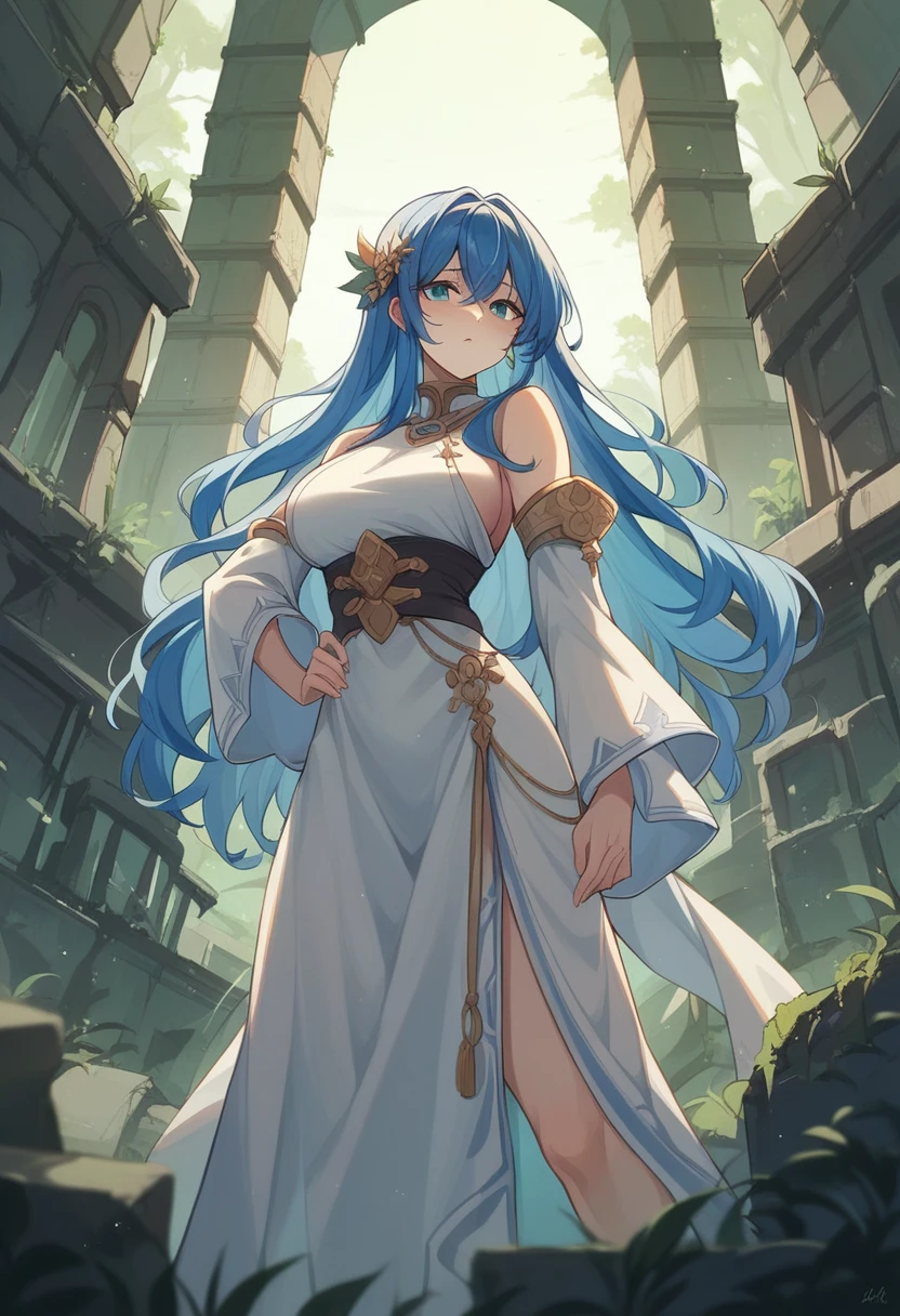 Blue Hair、long hair、Sister clothes、Highest quality、4K、Beautiful light source、City of night、ruins