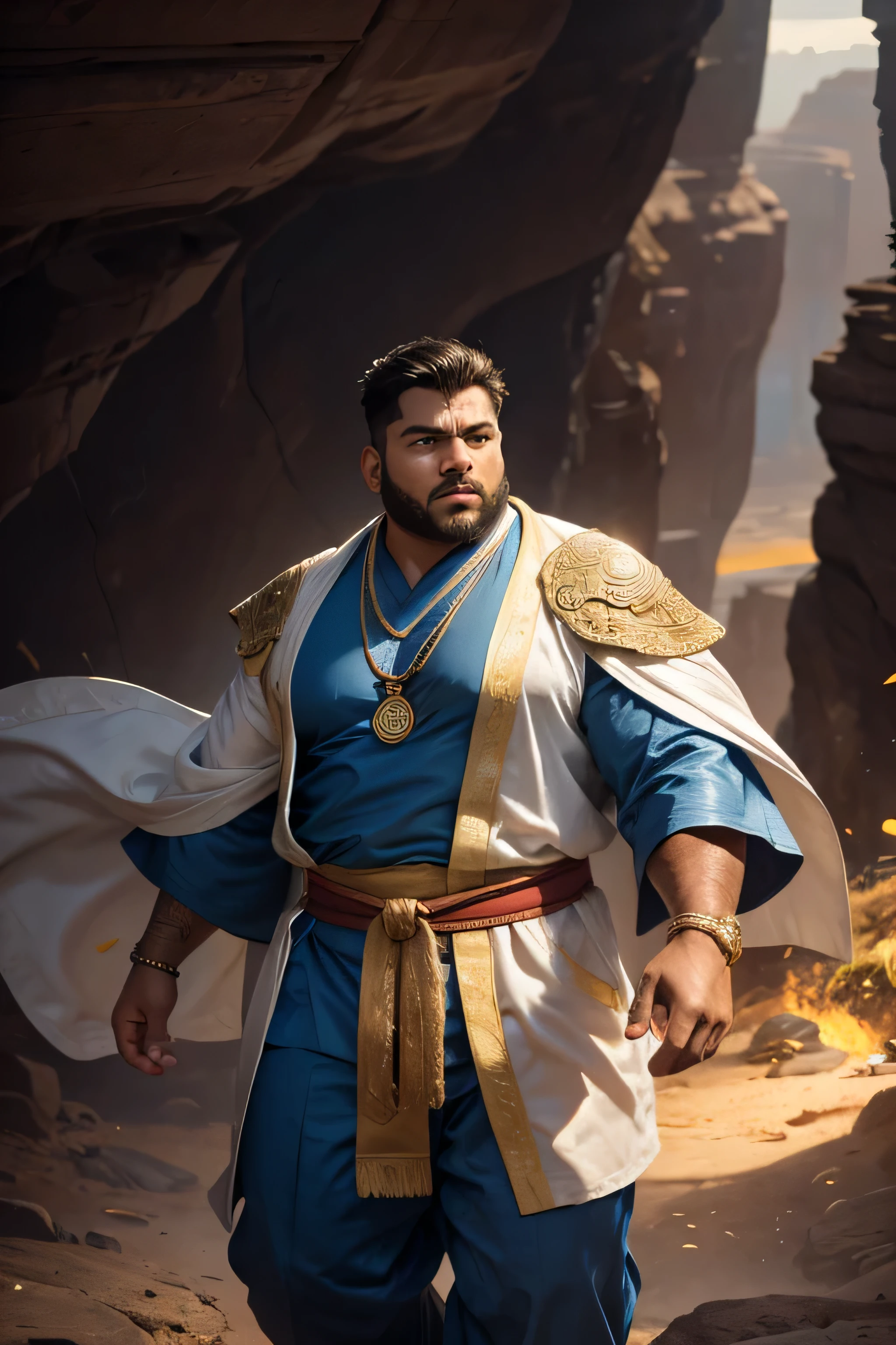 (8K, high definition, high quality, highly detailed) Handsome Indian Mage. chubby. hyper-masculine. chanting a spell. glowing magical hands. wearing long robes over cotton shirt. wearing long oriental pants. wearing an amulet. wearing an intricate sash as belt. robes are blown by the wind. blue and gold color palette. desolate canyon on the background. overcast skies. somber atmosphere. blurred background.