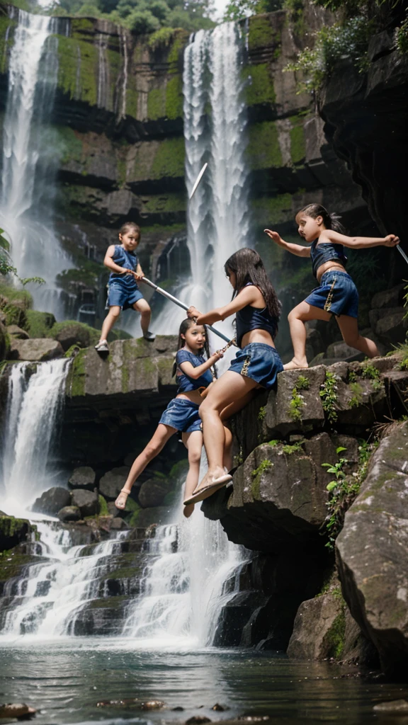 waterfall, 2 fight with swords against a big crocodile