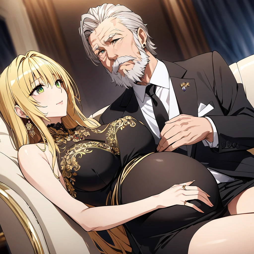 ((Highest quality)), ((masterpiece)), (detailed), (Perfect Face)、The woman is a thief with green eyes, medium-long blonde hair, and is wearing a luxurious black maternity dress with gold embroidery and trim, jeweled earrings, and an engagement ring.、The woman is sitting close to the man on a luxurious sofa in a luxurious room, the couple sitting side by side、The man is a dignified, bearded old man, extremely wealthy, wearing an expensive suit with lavish gold embroidery and trim, and wearing an engagement ring.、the woman is pregnant
