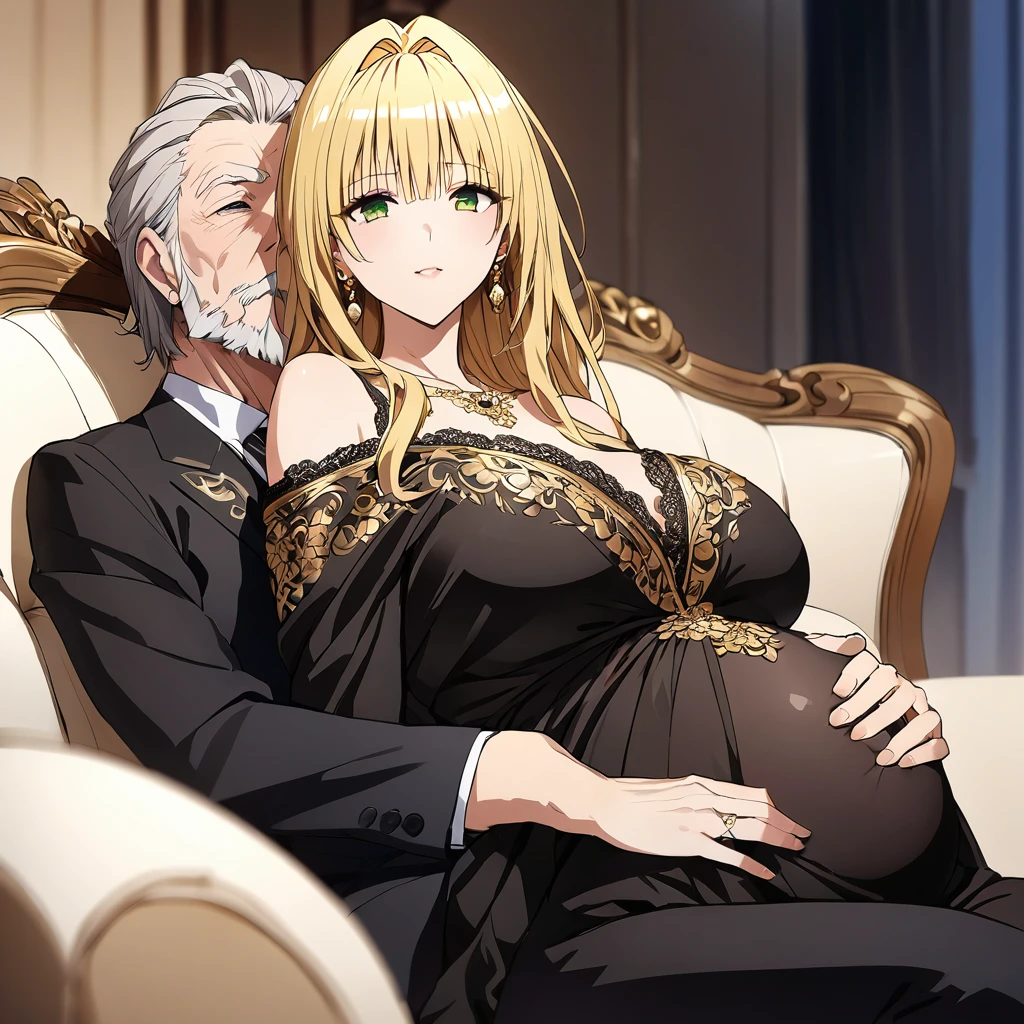 ((Highest quality)), ((masterpiece)), (detailed), （Perfect Face）、The woman is a thief with green eyes, medium-long blonde hair, and is wearing a luxurious black maternity dress with gold embroidery and trim, jeweled earrings, and an engagement ring.、The woman is sitting close to the man on a luxurious sofa in a luxurious room, the couple sitting side by side、The man is a dignified, bearded old man, extremely wealthy, wearing an expensive suit with lavish gold embroidery and trim, and wearing an engagement ring.、the woman is pregnant