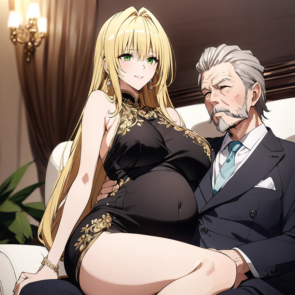 ((Highest quality)), ((masterpiece)), (detailed), (Perfect Face)、The woman is a thief with green eyes, medium-long blonde hair, and is wearing a luxurious black maternity dress with gold embroidery and trim, jeweled earrings, and an engagement ring.、The woman is sitting close to the man on a luxurious sofa in a luxurious room, the couple sitting side by side、The man is a dignified, bearded old man, extremely wealthy, wearing an expensive suit with lavish gold embroidery and trim, and wearing an engagement ring.、the woman is pregnant