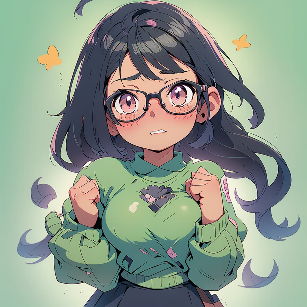 Elementary school girl with bob cut and glasses, touching her chest with both hands, large breasts, looking up, black hair, winking, seaside, pastel colors