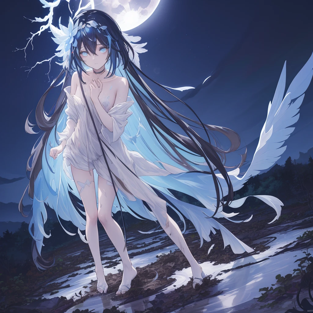 ((A long shot)) of a black-haired anime  girl, (((standing in a muddy forest with mud covered in her body))), ((strong moonlight)), cinematic light, slim body, skin is perfectly healthy, soft, and smooth, Extremely delicate and beautiful CG illustration, best quality, high resolution, dynamic angle, full-length lens, (1 girl), floating, (soft light, high-key lighting), glowing light, blue halo, feathers fluttering background, blue crystal, ((very cinematic)), ((half naked))