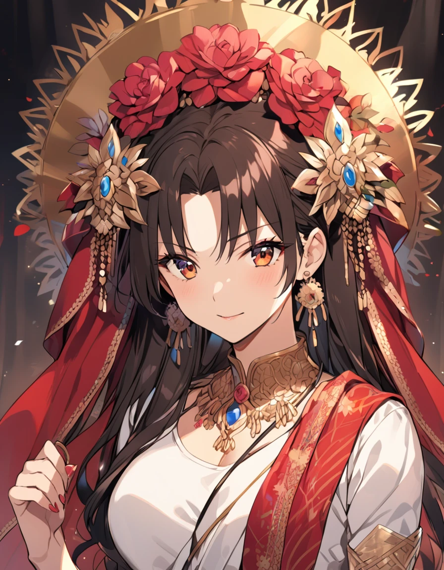 tmasterpiece，Highest image quality，Beautiful bust of a royal lady，Delicate black hairstyle，Amber eyes are clear，Embellished with a dazzling array of intricate jewelry，super detailing，upscaled。