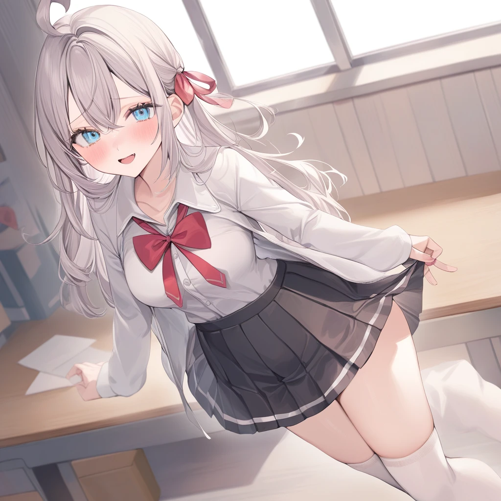 ((best quality, high resolution)), (delicate illustration), (pastelcolor:0.6), (watercolor:0.3), ((beautiful:1.3)), 4k,
((lift skirt)), 1 girl, tareme, cute, (happy), long hair, blue eyes, grey hair, hair between eyes, bangs, ahoge, , open jacket, collared shirt, red bow, long sleeves, pleated skirt, hair ribbon, red bowtie, white shirt, beige blazer, ((White thighhighs:1.5)),zettai ryouiki, (((Well designed White Lace panties))), Long Hair with Feathered Ends, (cowboy shot), in the classroom,