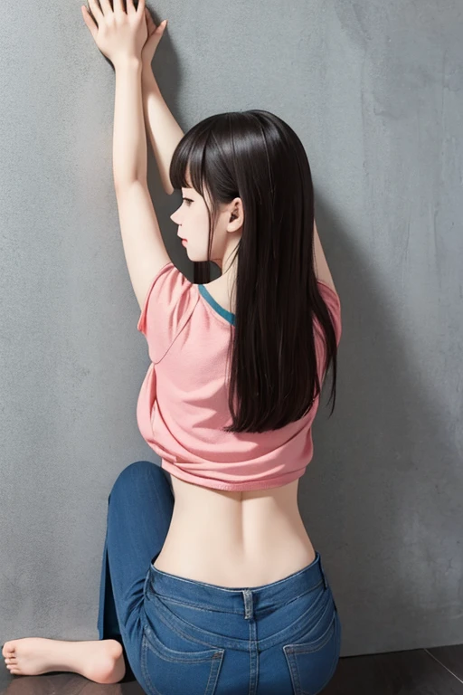 Highest quality、masterpiece、High sensitivity、High resolution、Detailed Description、Slender women、Casual clothes、Hands on the floor、Handstand、Against the wall、