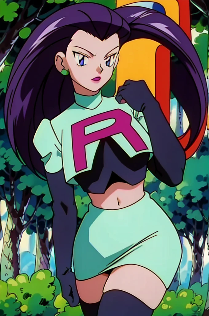 (masterpiece:1.0), (ultra detailed:1.2),(intricate, beautiful detailed), 1 girl, Jessie Pokemon, team rocket ,team rocket uniform ,white skirt,crop top,thighhighs,elbow gloves, hair slicked back, long hair,purple hair,detailed blue eyes,curvy, waist, Forest, yard,