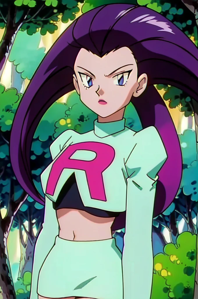 (masterpiece:1.0), (ultra detailed:1.2),(intricate, beautiful detailed), 1 girl, Jessie Pokemon, team rocket ,team rocket uniform ,white skirt,crop top,thighhighs,elbow gloves, hair slicked back, long hair,purple hair,detailed blue eyes,curvy, waist, Forest, yard,