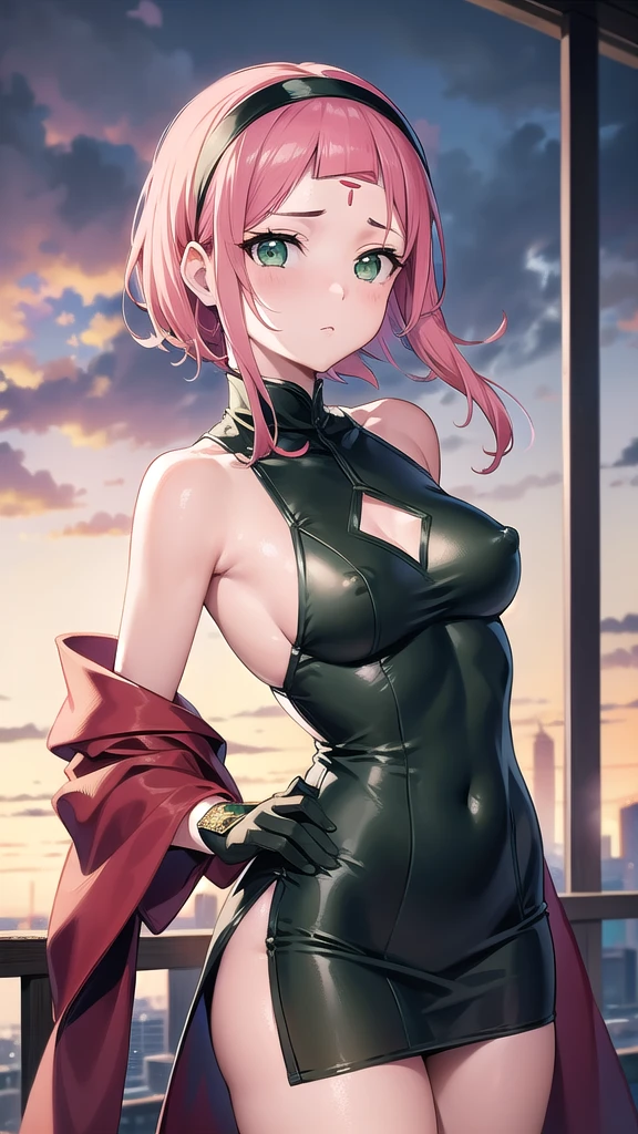 sakuraharuno, sakura haruno, short hair, bangs, (green eyes:1.5), pink hair, hairband, facial mark, (forehead mark:1.2), red hairband, (swept bangs:1.5), (small breast:1.2),
BREAK chinese clothes, dress, red dress, short skirt, black shorts, gloves, black gloves, sleeveless,сleavege,neckline,nipples,
BREAK looking at viewer,
BREAK outdoors, city, nature, forest,
BREAK (masterpiece:1.2), best quality, high resolution, unity 8k wallpaper, (illustration:0.8), (beautiful detailed eyes:1.6), extremely detailed face, perfect lighting, extremely detailed CG, (perfect hands, perfect anatomy),