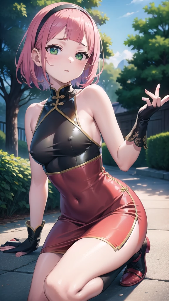 sakuraharuno, sakura haruno, short hair, bangs, (green eyes:1.5), pink hair, hairband, facial mark, (forehead mark:1.2), red hairband, (swept bangs:1.5), (small breast:1.2),
BREAK chinese clothes, dress, red dress, short skirt, black shorts, gloves, black gloves, sleeveless,сleavege,neckline,nipples,
BREAK looking at viewer,
BREAK outdoors, city, nature, forest,
BREAK (masterpiece:1.2), best quality, high resolution, unity 8k wallpaper, (illustration:0.8), (beautiful detailed eyes:1.6), extremely detailed face, perfect lighting, extremely detailed CG, (perfect hands, perfect anatomy),