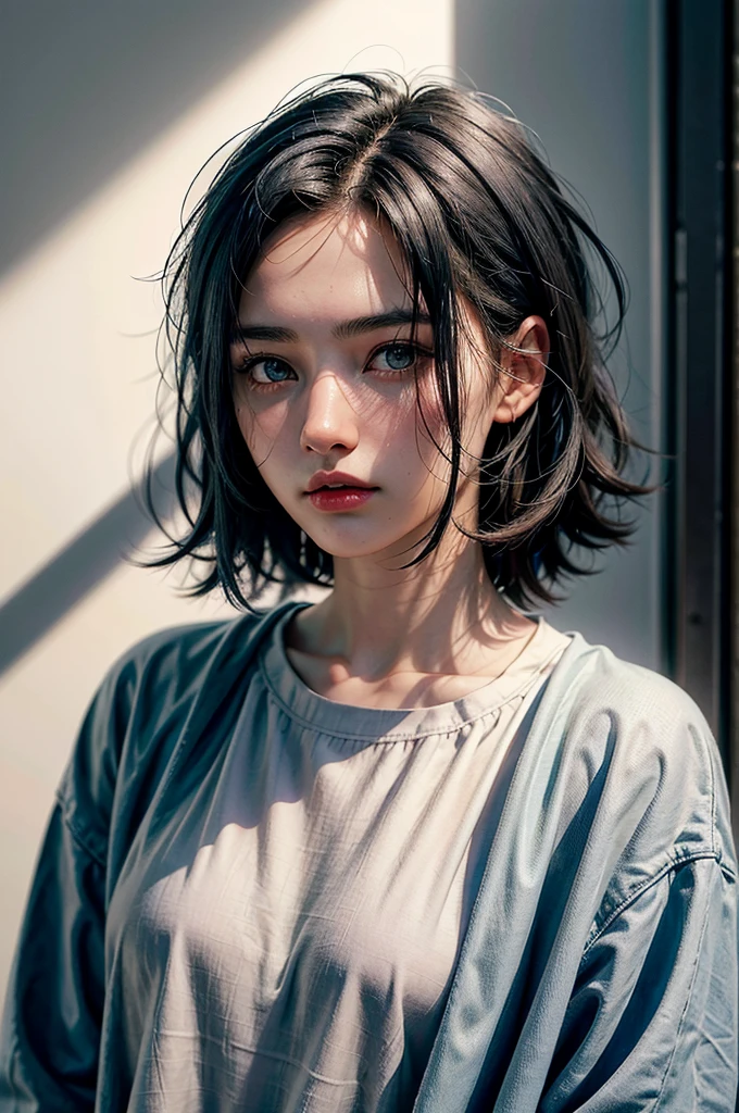 20-year-old woman with blue sport cloth, Black-haired, high contrast (Natural skin texture, Hyperrealism, Soft Ligh, sharp), high resolution, portrait, standing pose