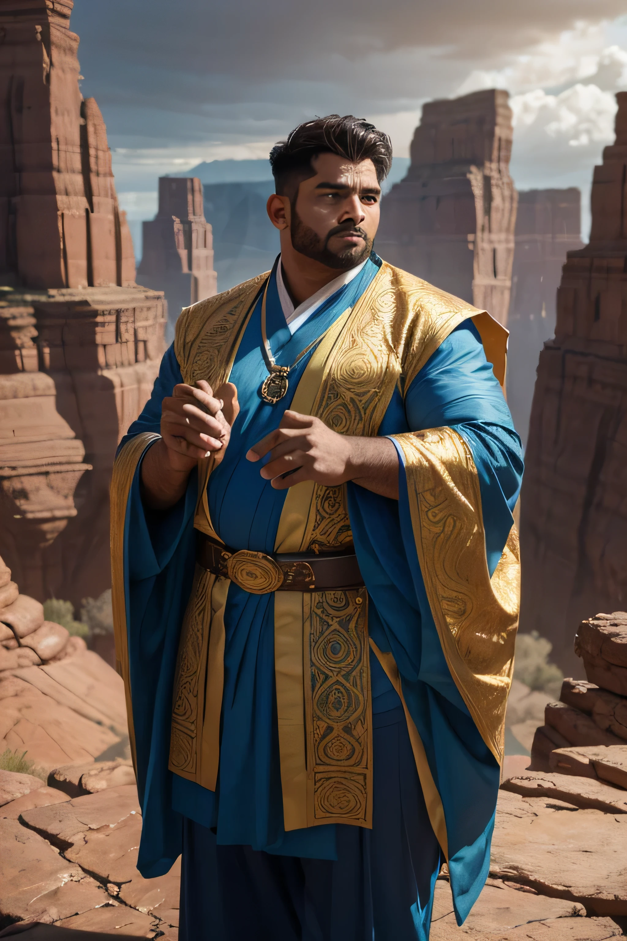 (8K, high definition, high quality, highly detailed) Handsome Indian Mage. chubby. hyper-masculine. chanting a spell. glowing magical hands. wearing long robes over cotton shirt. wearing long oriental pants. wearing an amulet. wearing an intricate sash as belt. robes are blown by the wind. blue and gold color palette. desolate canyon on the background. overcast skies. somber atmosphere. blurred background.