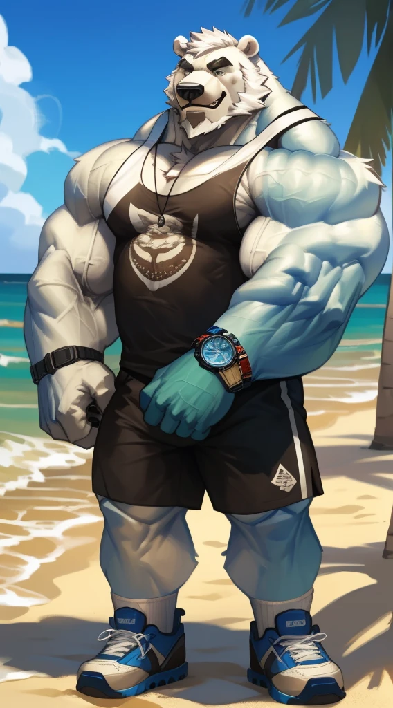 huge muscular polar bear in street city, big smile, polar bear, huge white fur, thick arm, huge arm, bearded. white hair and beard, bearded, (muscular, pectoral, wide pectoral, thick arms), beach, palm, realistic, 8k, masterpiece, (wearing white shorts, wristbabd, watch and tank top, shoes)