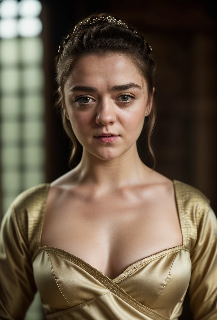 Foto RAW, Arya Stark, Extremely gorgeous lady, Arya Stark PLAYED BY MAISIE WILLIAMS, Queen Arya Stark, she a mature woman now, milf, sexy mediaeval battle dress, gladiator woman, body, 40 years old Woman, body revealing costumes, perky breast, big natural breast, erotic costumes, lusty physique, seductive figure can capture every people's attention, Game of thrones costumes, revealing captivating figure, Mediaeval costumes, revealing clothes, A tomboy, she would rather fence than dance, warrior queen , game of thrones screen caps, Game of Thrones Series, (pele altamente detalhada: 1.2), 8k UHD, DSLR, soft-lighting, alta qualidade, grain of film, Fujifilm XT3, flawless picture, highly detailed, detailed Beauty, intricate, 32k, sharp picture,