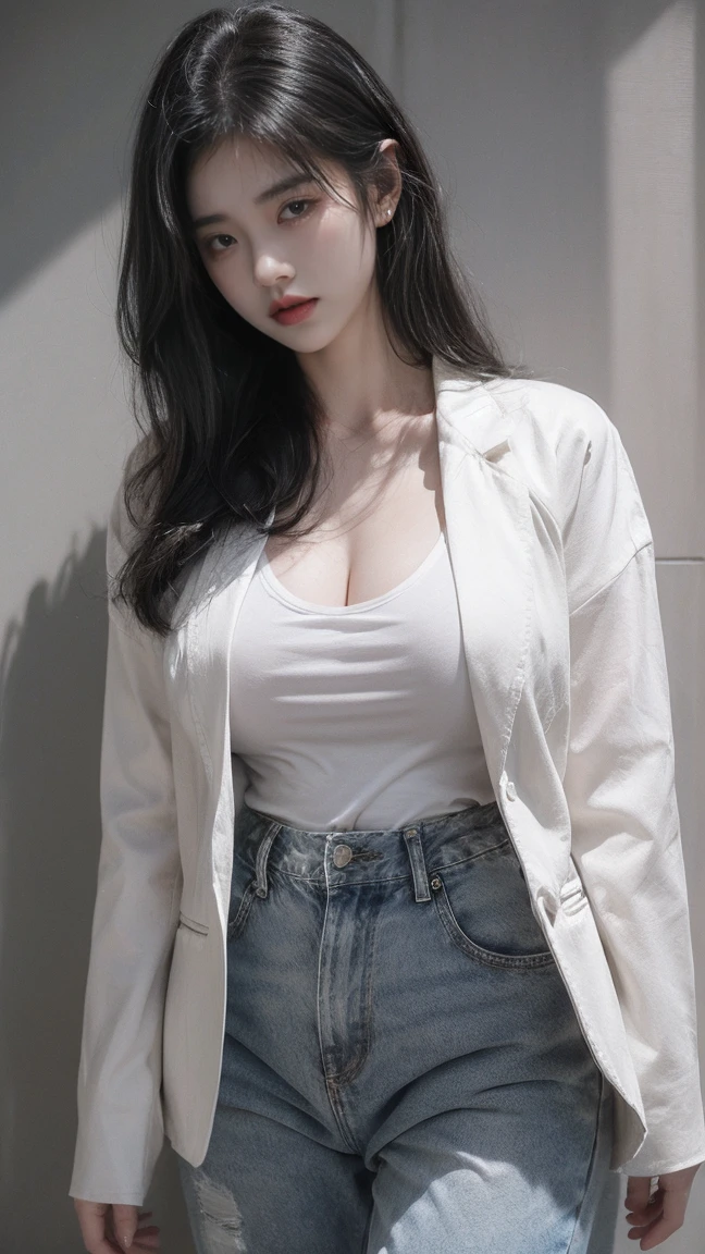 21yo girl,black hair,bob hair,(wearing Blazer oversize),(white shirt), denim pants, natural big breast, plump body,single sidelock hairpin blush modern cinematic lighting,ray tracing,drop shadow wide shot UHD,textured skin,high details,best quality 4K
