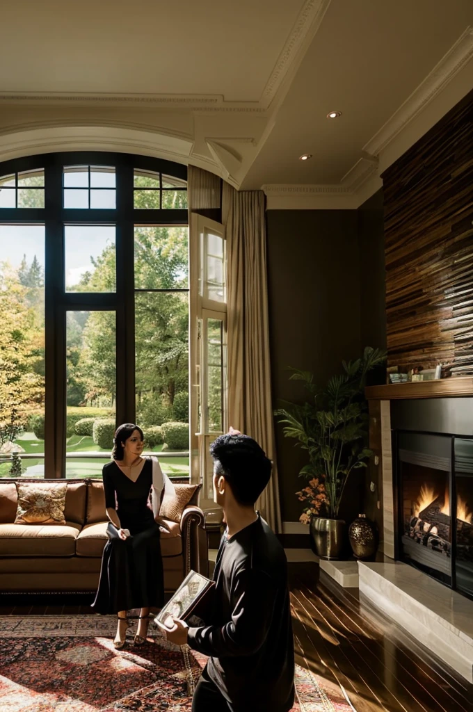 A stunning, photo-realistic 3D render of a young Indonesian couple in a luxurious, modern living room, exuding confidence and comfort. The male, aged 25 with a plump build, stands tall and exudes self-assurance, while his equally plump 25-year-old partner, dressed in black, gently holds his hand. The couple shares a warm, inviting smile, highlighting the strong bond between them. The sleek, contemporary living space boasts floor-to-ceiling windows, a mesmerizing fireplace, and an array of elegant furniture. The cinematic ambiance captures the essence of their perfect union, surrounded by breathtaking surroundings., photo, cinematic
