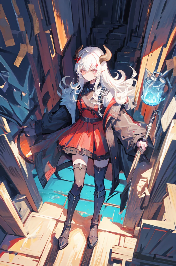 Create an illustration of a female warrior with humanoid and goat features, including horns and cow hears. She has dark skin and very long white hair. Her attire should be more medieval village, incorporating elements such as leather armor, chainmail, and fur. Equip her with two katanas. The overall aesthetic should maintain a balance between her fierce warrior persona and her unique hybrid appearance.