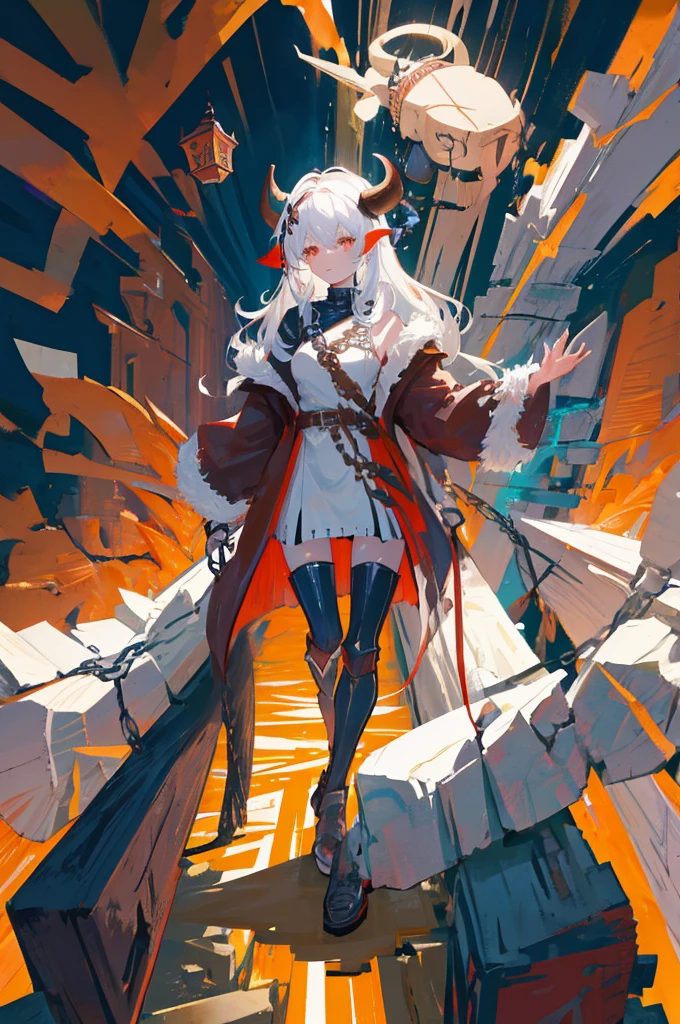 Create an illustration of a female warrior with humanoid and goat features, including horns and cow hears. She has dark skin and very long white hair. Her attire should be more medieval village, incorporating elements such as leather armor, chainmail, and fur. Equip her with two katanas. The overall aesthetic should maintain a balance between her fierce warrior persona and her unique hybrid appearance.
