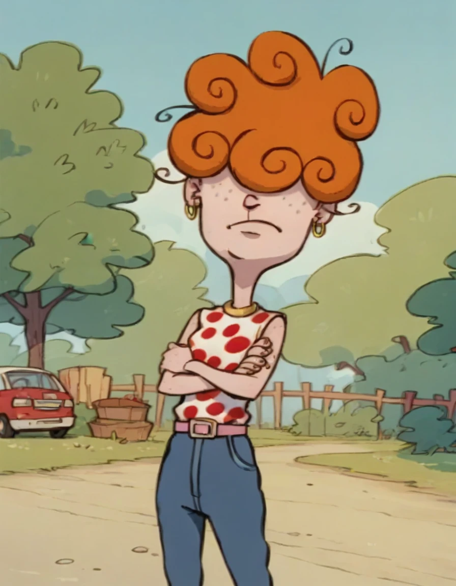leekanker, hair over eyes, orange hair, 1girl, hoop earrings, polka dot clothing, solo, freckles, curly hair, belt,crossed arms,  pants, jeans,outdoors, score_9, score_8_up, score_7_up, score_6_up 