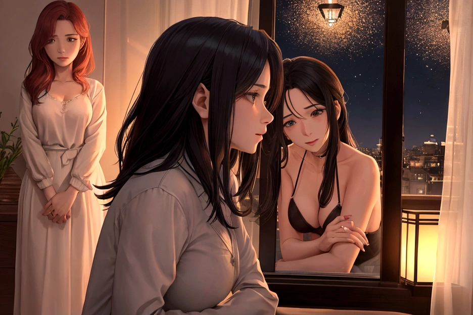 “A detailed digital illustration depicting a scene of infidelity. In the foreground, a woman is standing with a shocked expression, having just discovered her partner’s betrayal. Behind her, a man is intimately close with another woman, who is smiling seductively. The setting is a cozy, dimly-lit living room, with a window showing a night sky outside. The emotions of betrayal, guilt, and seduction are clearly visible on the characters’ faces.”