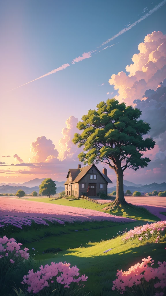painting of a house in a field with a tree and flowers, anime sky, anime landscape wallpaper, anime countryside landscape, anime landscape, anime clouds, anime background, anime background art, anime art wallpaper 8 k, anime art wallpaper 4k, studio ghibli sky, 8 k manga wallpaper, 4k anime wallpaper, anime wallpaper 8k, anime wallpaper 8 k, anime scenery and enhance picture hyper detailed 16k
