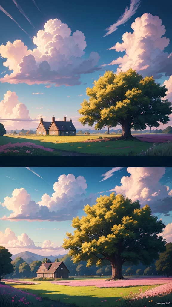 painting of a house in a field with a tree and flowers, anime sky, anime landscape wallpaper, anime countryside landscape, anime landscape, anime clouds, anime background, anime background art, anime art wallpaper 8 k, anime art wallpaper 4k, studio ghibli sky, 8 k manga wallpaper, 4k anime wallpaper, anime wallpaper 8k, anime wallpaper 8 k, anime scenery and enhance picture hyper detailed 16k
