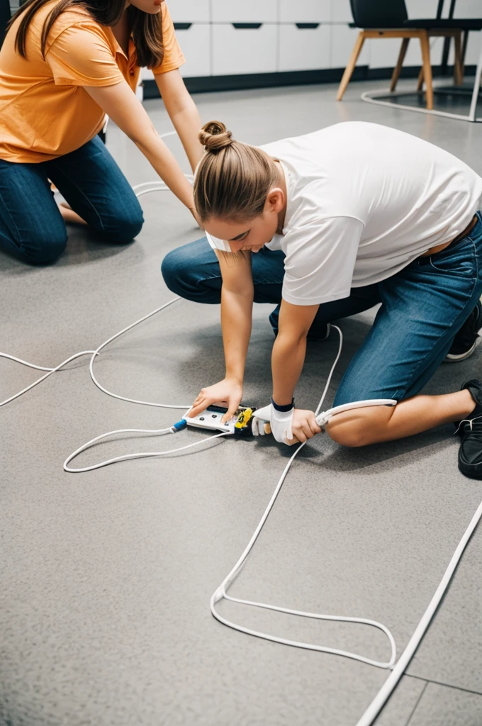 Person laying several white network cables on the floor