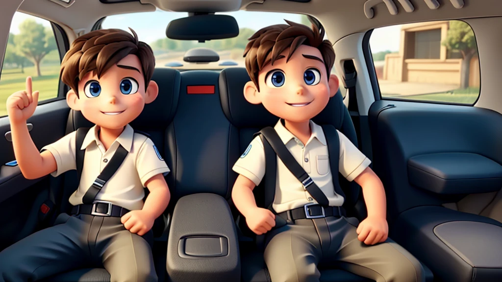 Make a car where there are two boys in it, one with a seat belt and the other without a seat belt.