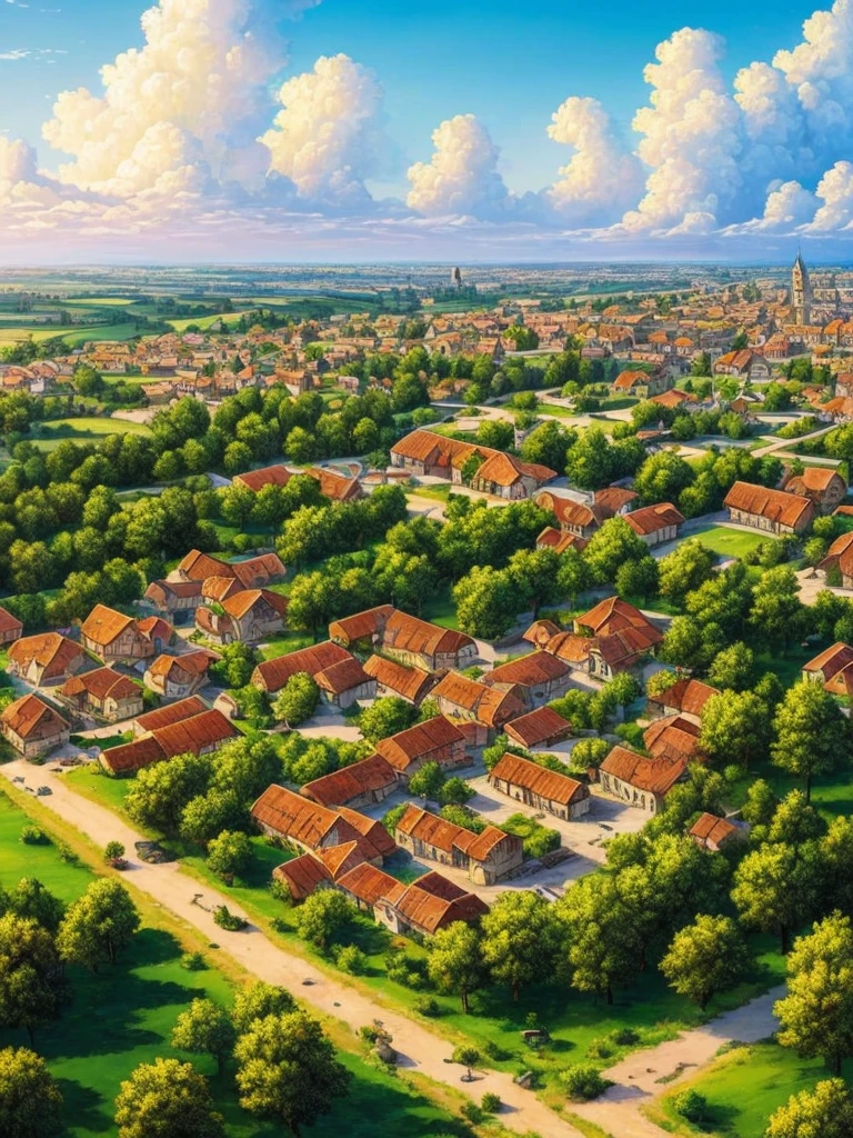 ((masterpiece)),((best quality)),((high detail)),((realistic,)) ((ultra detailed)) landscape of a small medieval town, cartoonist illustration, aeria view, beautiful sky, deformed clouds, 1.3:pine trees, towers.