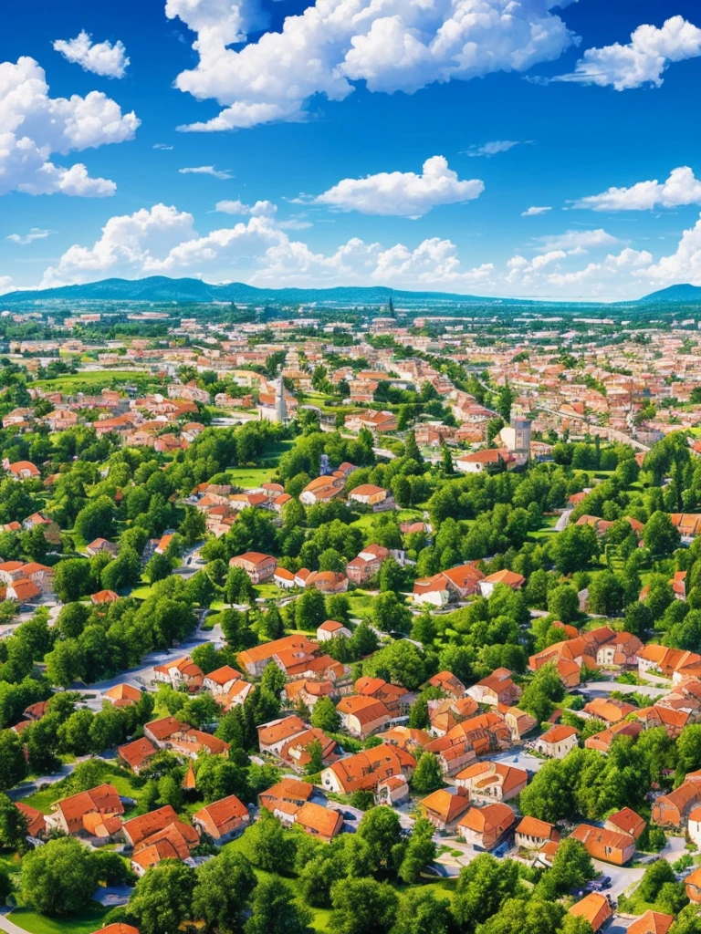 ((masterpiece)),((best quality)),((high detail)),((realistic,)) ((ultra detailed)) landscape of a small medieval town, cartoonist illustration, aeria view, beautiful sky, deformed clouds, 1.3:pine trees, towers.