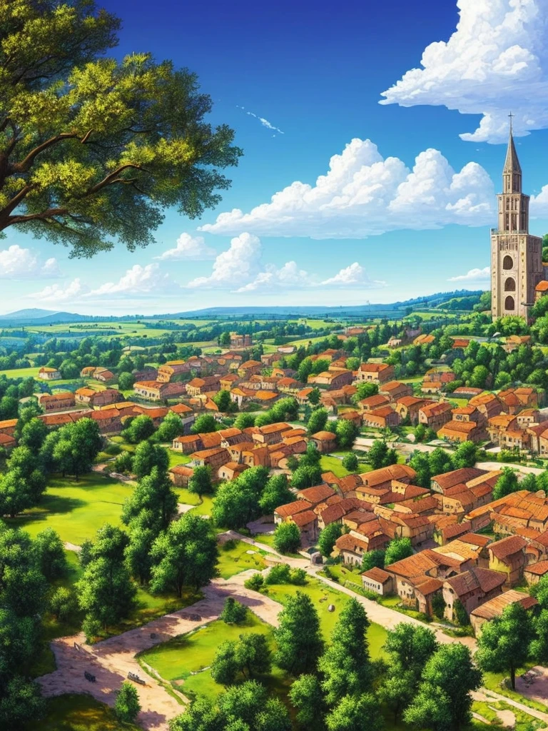 ((masterpiece)),((best quality)),((high detail)),((realistic,)) ((ultra detailed)) landscape of a small medieval town, cartoonist illustration, aeria view, beautiful sky, deformed clouds, 1.3:pine trees, towers.