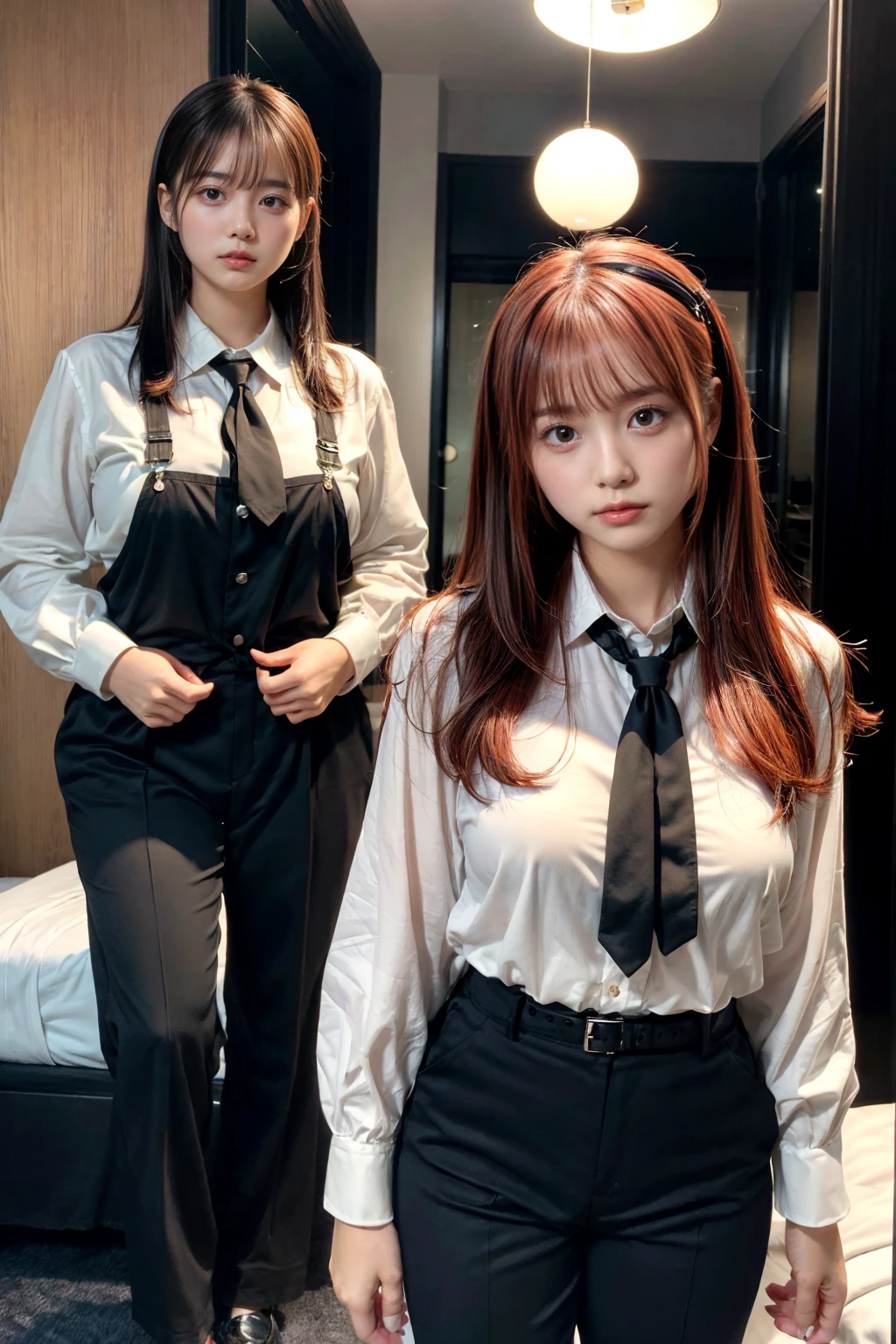 Highest quality、Ultra-high resolution、Professional Lighting、Detailed Background、hotel room、full body,Kobeni-chan、crying a little、25-year-old woman、beautiful girl、(Kobeni-chan、Jet black hair, Black Hair, bangs, One-sided hair,)、(Red Hair Clip:1.1)、(White shirt:1.2)+(Black tie:1.2)+(black long pants for work:1.2)、(Huge breasts that look like they might burst:1.2)、(Big thighs:1.1)、Are standing、Model pose
