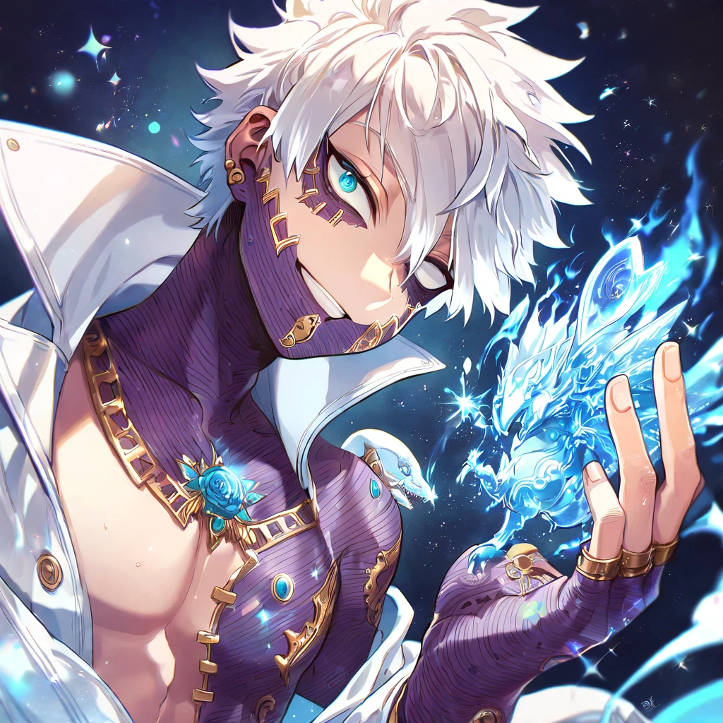 (absurdres, highres, ultra detailed, HDR) master piece, best quality, extremely detailed face, delicated features, Dabi, white hair, expressive turquoise eyes, Boku No Hero Academia, sexy man together with a white dragon, handsome, smile, white coat, bare chest, magical fantasy, glittering, sparkling, blue roses, radiant, blue sparkling fireflies, blue fire, envy magical, fantasy