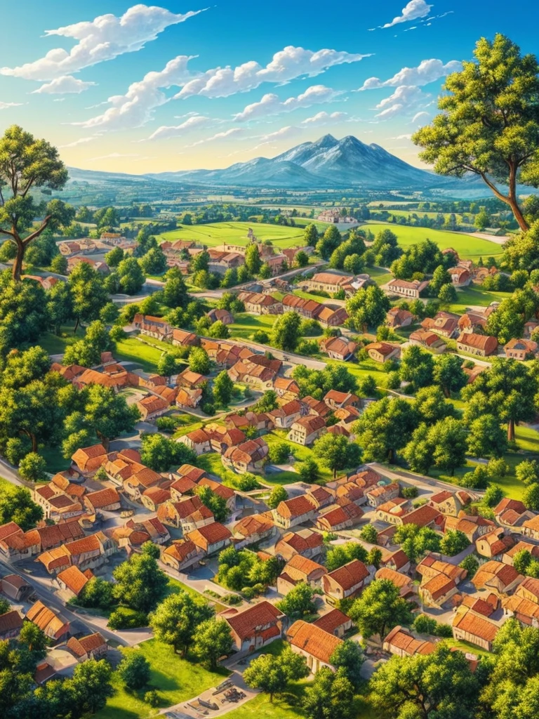 ((masterpiece)),((best quality)),((high detail)),((realistic,)) ((ultra detailed)) landscape of a small medieval town, cartoonist illustration, aeria view, beautiful sky, deformed clouds, 1.3:pine trees, towers.