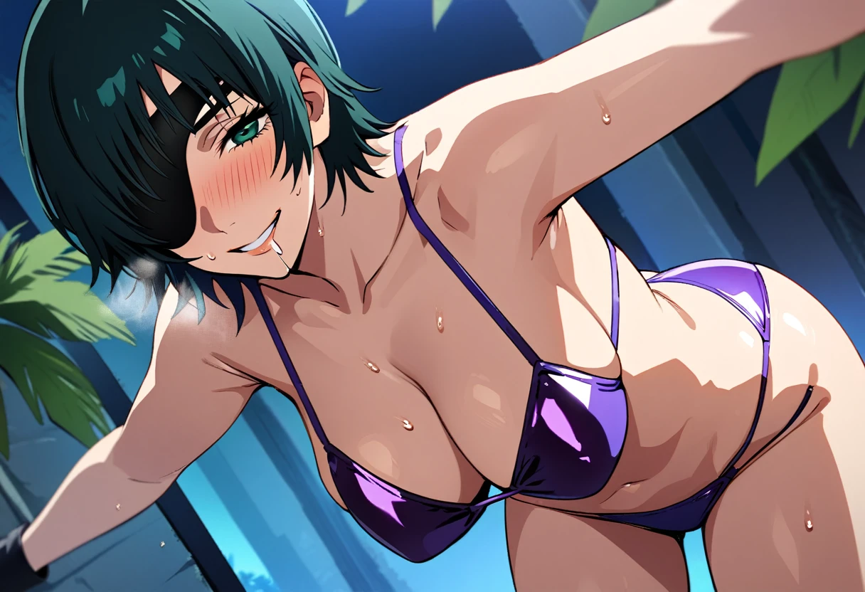 mature female, mature, Adult, himeno, himeno(Chainsaw Man), 1girl, black hair, short hair, eyepatch, solo, seductive smile, evil grin, aroused, in heat, nsfw, steam, breath, sweat, drooling, Villains, Bending forward, Spread arms, Raise arms, chest, jungle, At night, Dark, latex purple bikini, dramatic angle, unique perspective, unique angle, masterpiece, Top animation quality，Top image quality,