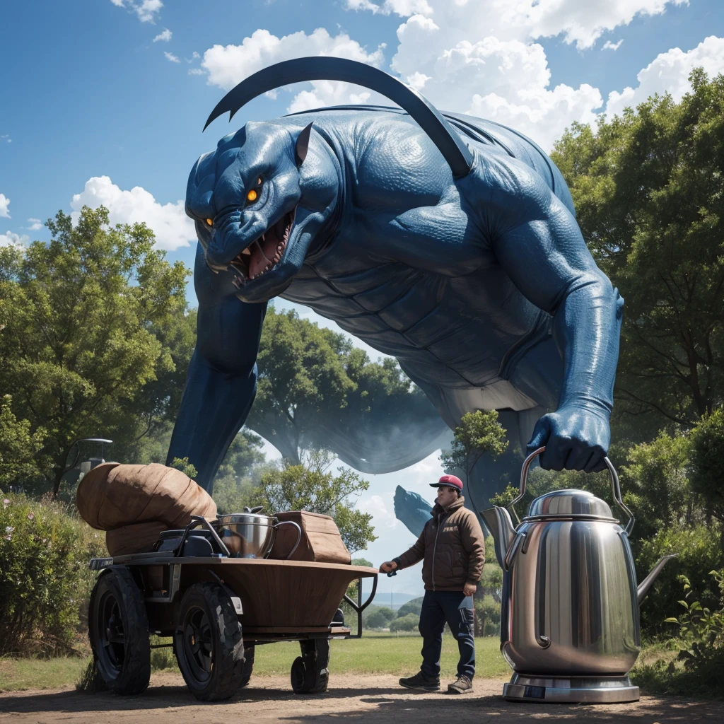 Giant creature in the shape of Kettle, funny and grandiose