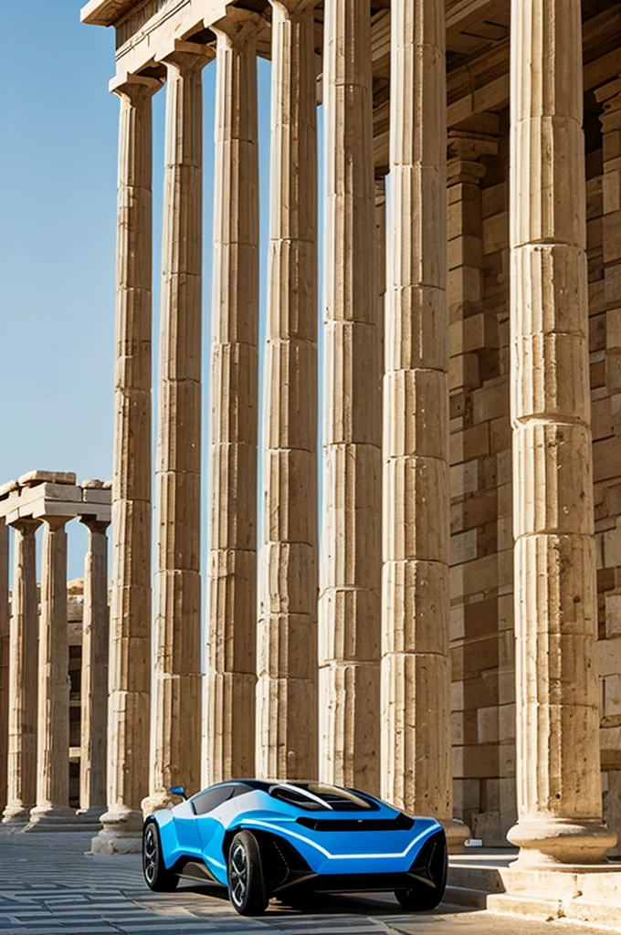 Futuristic sports vehicle between Greek pillars