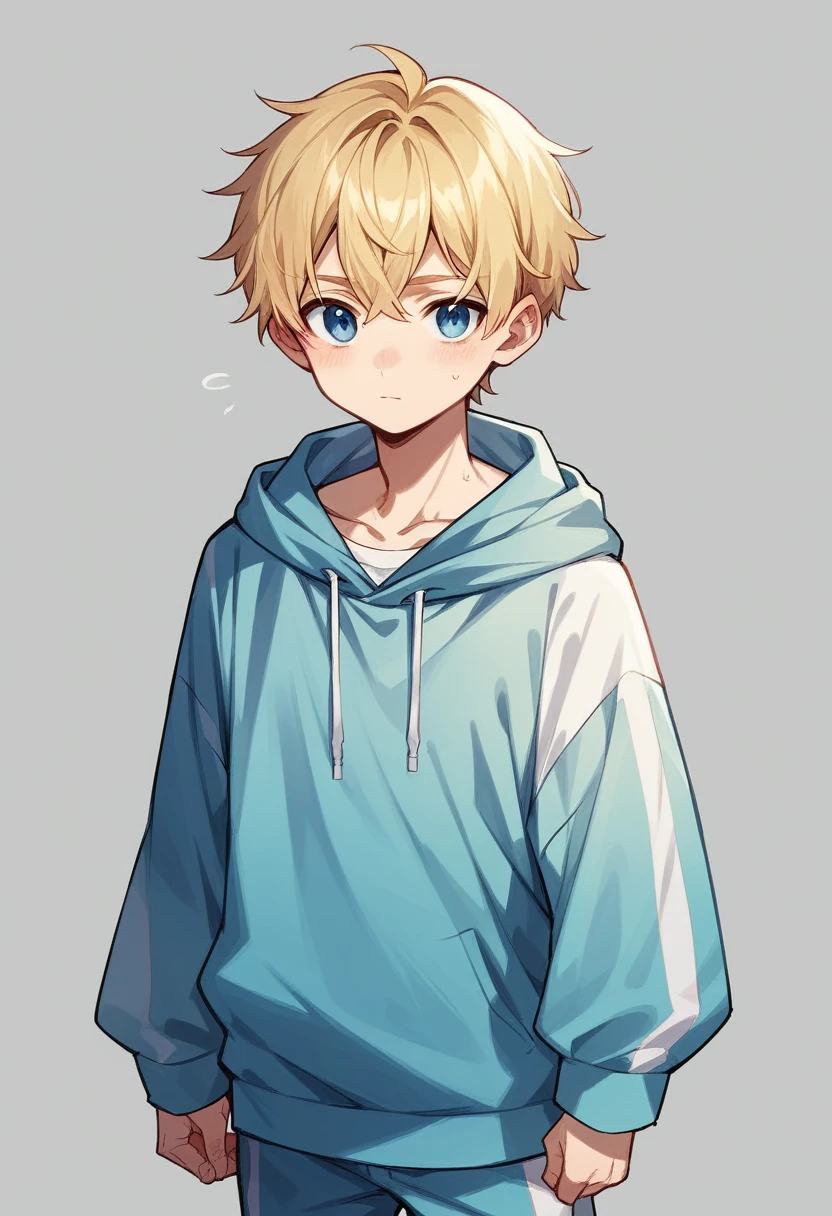 Young man with blue eyes, medium length blonde hair, Thin frame, Medium height. Wearing an oversized hoodie and track pants.