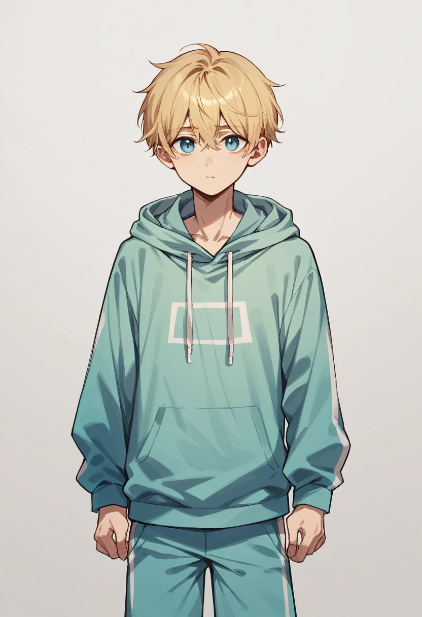 Young man with blue eyes, medium length blonde hair, Thin frame, Medium height. Wearing an oversized hoodie and track pants.
