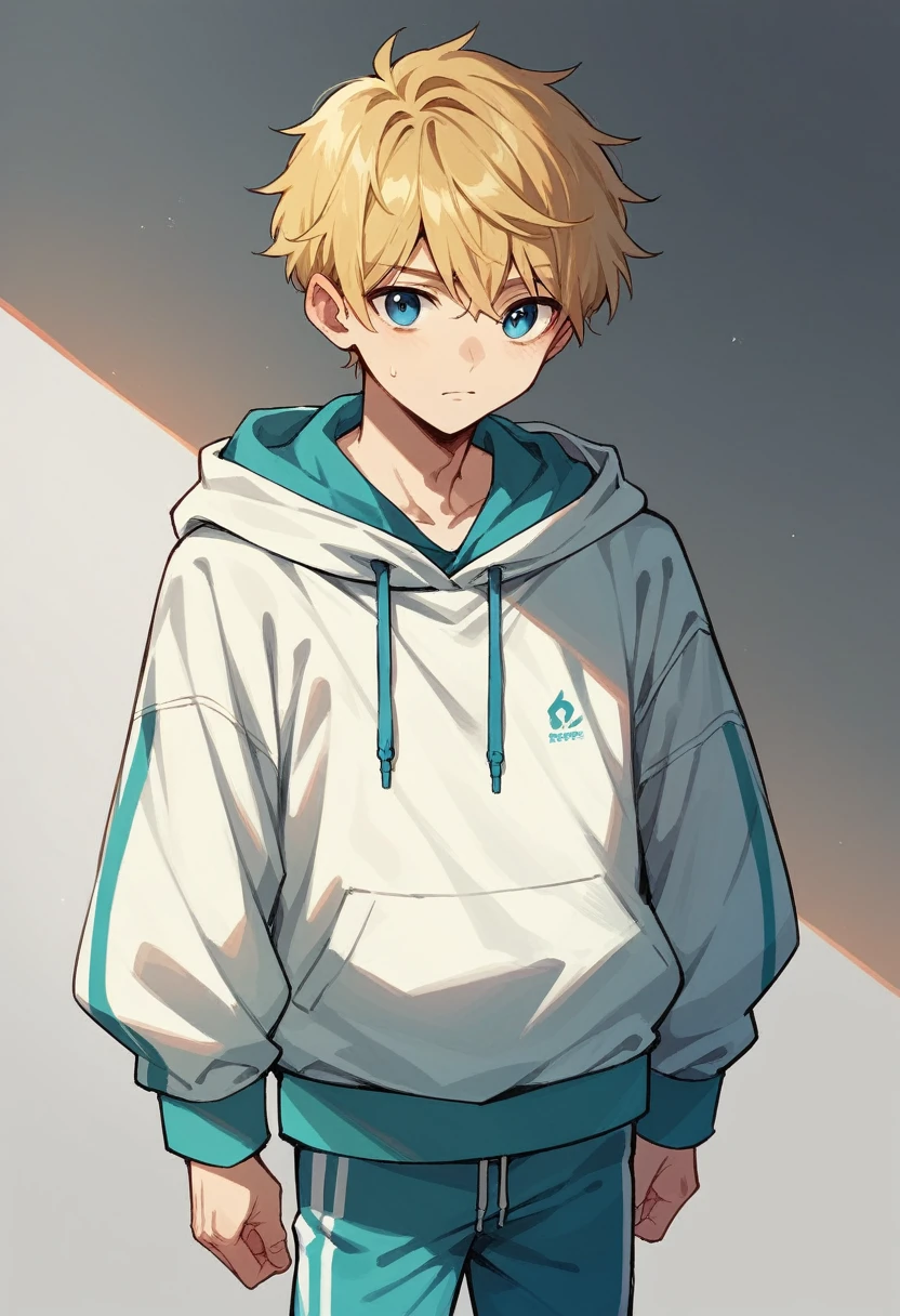 Young man with blue eyes, medium length blonde hair, Thin frame, Medium height. Wearing an oversized hoodie and track pants.